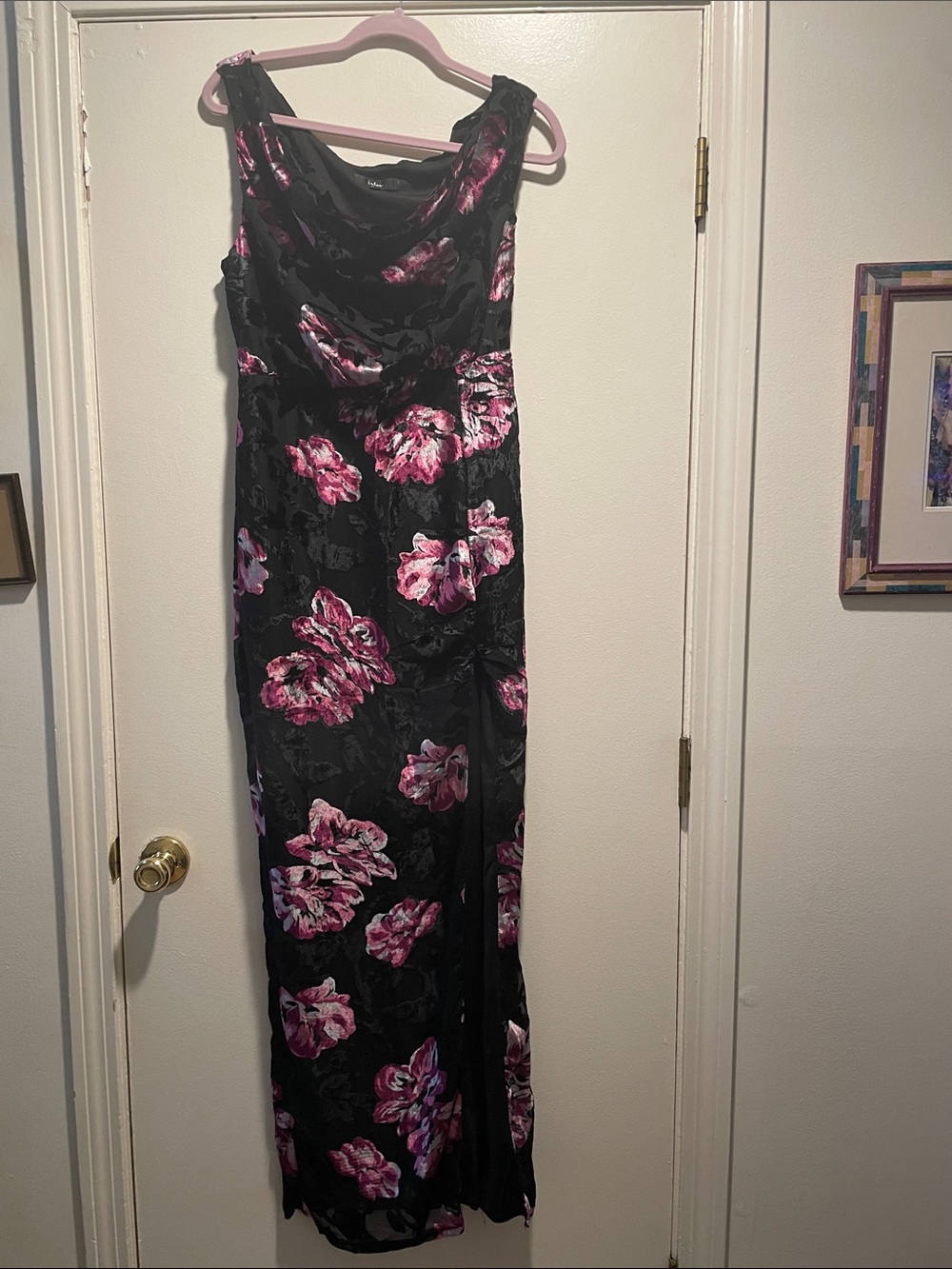 Lulu's Black Floral Print Marnella  Velvet Side Slit Maxi Dress